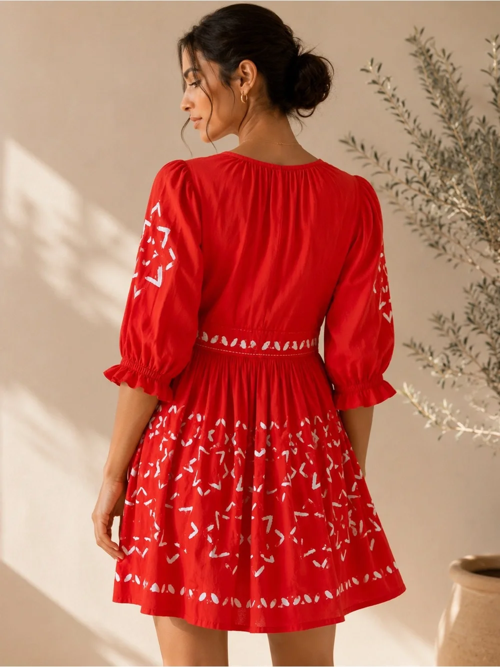 Anthropologie‎ Banjanan Red with Inlaid Embroiderey Mini Dress Poplin Cotton
